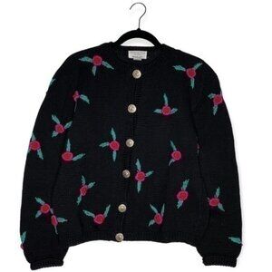 Vintage 80s Roberta Frost hand knit by Woolart black rose knit cardigan